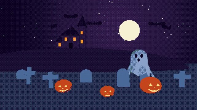 Pixel art 8 bit Halloween graveyard with ghost pumpkins and bats 4K