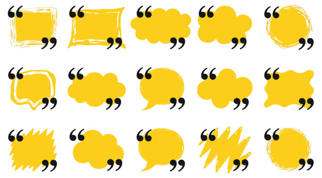 Yellow speech bubbles with black quotation marks rendered in diverse artistic styles and organic shapes isolated on transparent background