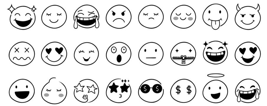 Hand drawn doodle emojis set showcasing various facial expressions and intense emotions like joy sadness and laughter isolated on transparent background
