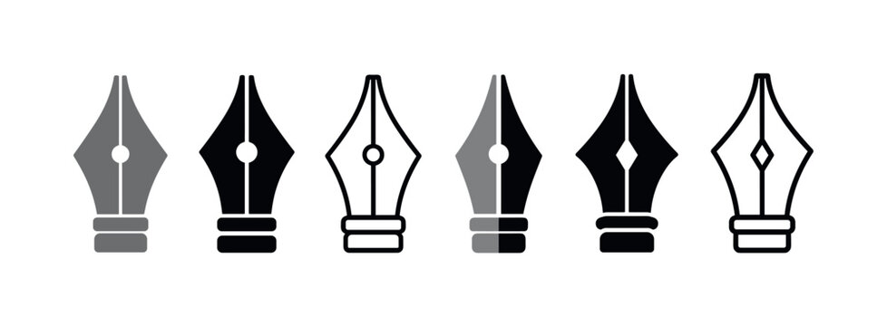 Six fountain pen nib icons shown in gray black and thin outline variations, nibs, pens, black, gray, outline, six, writing,