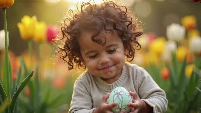 Kind mit Osterei im Fr&uuml;hlingsgarten