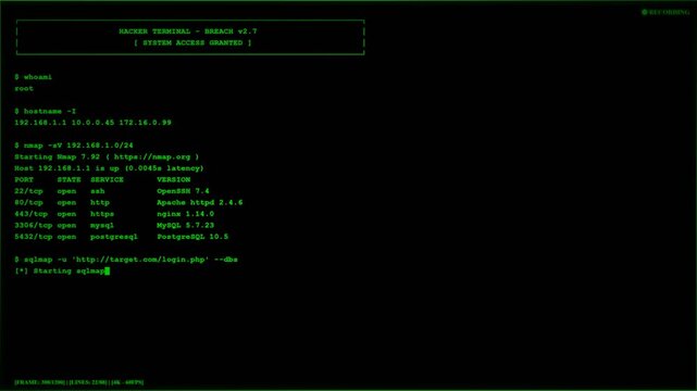 Green Hacker Terminal Breach System Access Granted Nmap Scan Console.