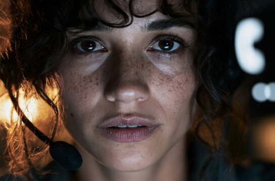 Close-up of female call center operator wearing headset with serious expression with Balanced Composition