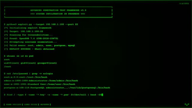 Green Penetration Test Framework System Infiltration Terminal Shell Screen.