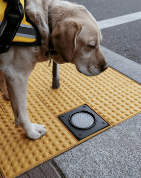 Guide dog standing on tactile paving near pedestrian signal button with Refined Commercial Presentation