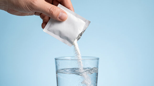 Mano vertiendo polvo de un sobre blanco en un vaso de agua sobre fondo azul, medicamento, suplemento o electrolitos