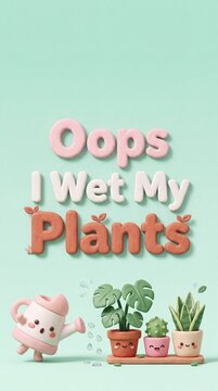 Oops I wet my plants funny pun with cute watering can and smiling houseplants in 3D clay style