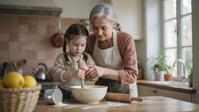 Abuela y su nieta preparando masa juntas en un taz&oacute;n en la cocina de casa