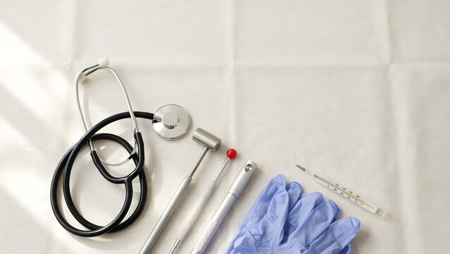 Equipamiento y herramientas de diagn&oacute;stico m&eacute;dico sobre una mesa blanca con fonendoscopio, martillo de reflejos y guantes