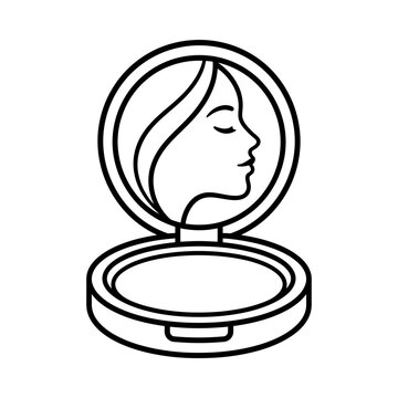 Minimalist line art icon of a woman face reflected in a compact makeup mirror.