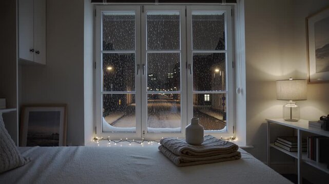 Showing multi-pane window with night snow, snowing harder camera pulling back showing lamp, vase