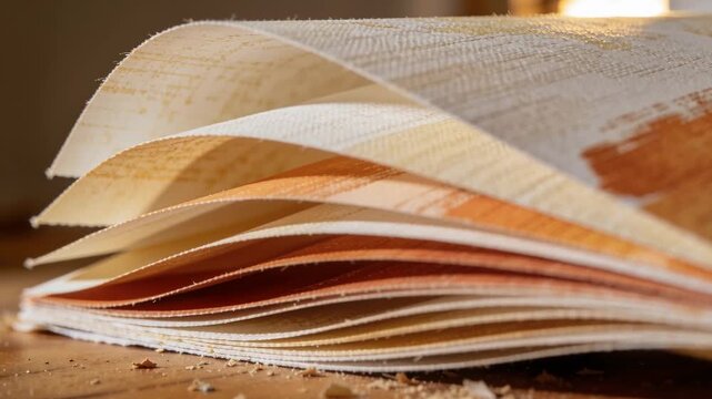 Lifting in breeze, curled paper samples relaxing on shop table with flakes and warm vertical light