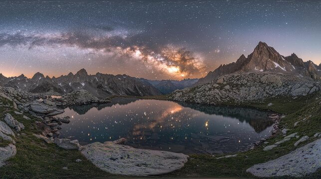 A serene mountain lake reflects the starry night sky and the Milky Way above jagged peaks. AI.