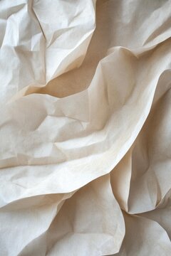 Close-up of crumpled beige paper with soft lighting and shadows creating texture and depth. AI.