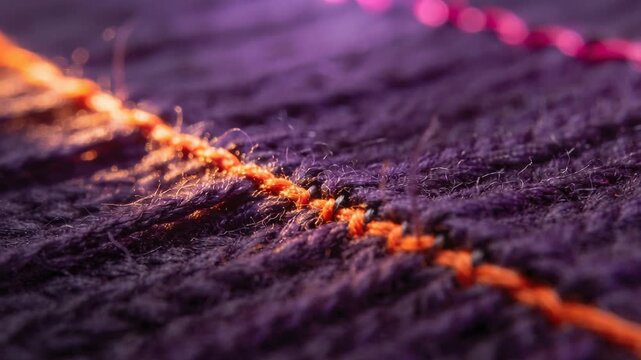 Shifting camera focus in studio macro revealing purple knit, stray hairs and orange seam texture