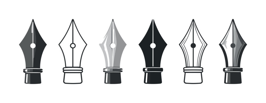 Six fountain pen nib icons shown in gray, black and outline variations with geometric pointed tips, pennibs, fountainpen, writing,