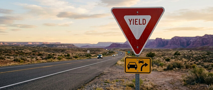 Yield sign on a desert highway in a scenic landscape at sunset road trip travel