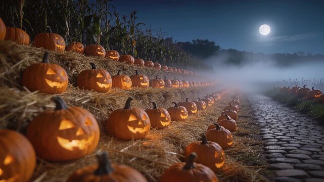 Panning camera showing carved pumpkins on hay bales, cobblestone lane at night, fog for harvest