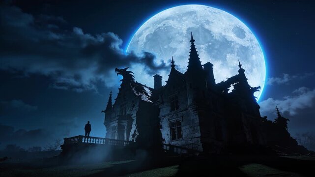 Panning camera revealing man in dark coat on balcony gothic mansion framing full moon, copy space