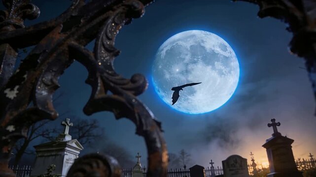 Flying backlit bat crossing full moon blue halo at cemetery, passing iron gate droplets and mist