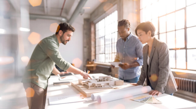 Defocused team collaboration on an architectural model with blueprint in an industrial loft under sunlight and bokeh