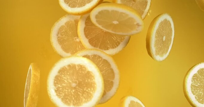 Lemon slices falling in slow motion 1000 fps on yellow background