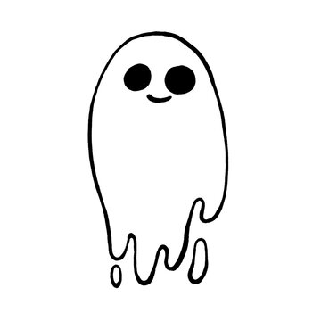 Hand-drawn black and white line art illustration of cute spooky ghost with a smiling face isolated on transparent background. Friendly Halloween ghost icon for stickers, apparel, prints, autumn design