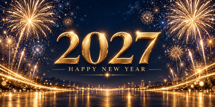 Golden 2027 new year greeting with fireworks