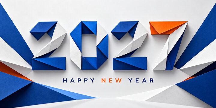 Blue, white and orange origami style 2027 new year banner