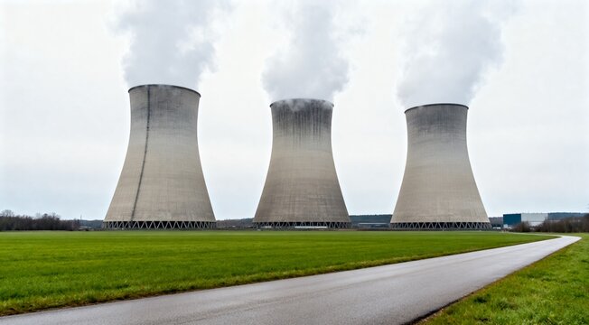 Nuclear power plant cooling towers release steam over green field