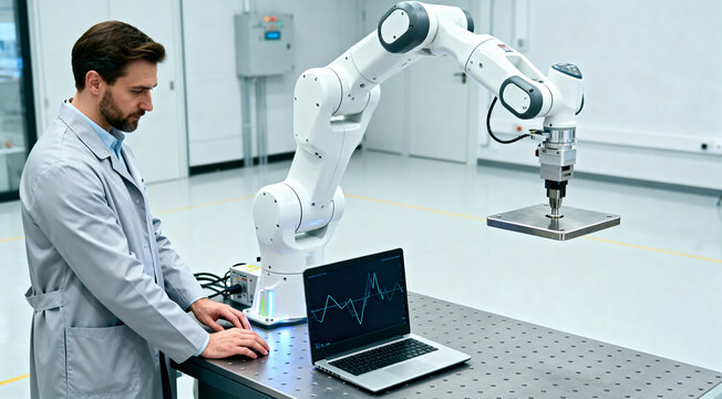 Engineer types on a laptop while operating a robotic arm in a laboratory. The focused male scientist works at an optical breadboard table, supporting automation, robotics, engineering research