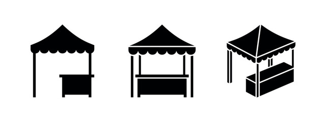 Obraz na płótnie Canvas Festival Market Stall and Kiosk Icons Set - Street Vendor Booths and Event Tents