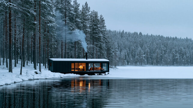 Snow-covered tiny house beside a frozen lake, minimalist architecture, smoke rising from a chimney and warm lights inside, untouched wilderness, realistic destination photography,