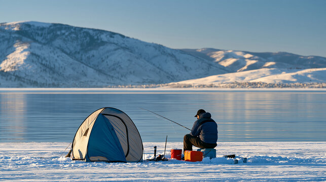 Person ice fishing on a frozen lake with a compact shelter and equipment arranged nearby, snow-covered mountains reflected in the distant ice, wide peaceful composition, winter