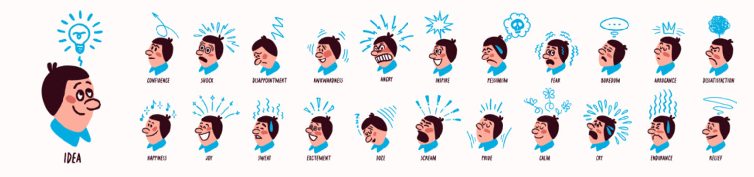 Doodle character emotion set with expressive face icons showing various emotional states like confidence, disappointment and joy. Face collection with clear expression cues and varied moods.