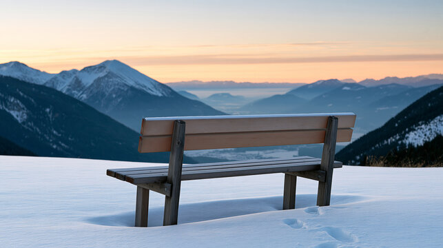 Empty wooden bench overlooking a snowy mountain valley at dawn, pale sky and clean white foreground, subtle footprints leading toward the viewpoint, minimalist winter travel