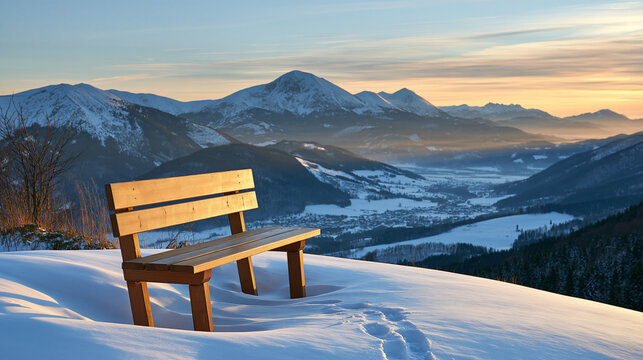 Empty wooden bench overlooking a snowy mountain valley at dawn, pale sky and clean white foreground, subtle footprints leading toward the viewpoint, minimalist winter travel