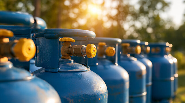 Row of blue propane gas cylinders outdoors under warm sunset lighting. Useful for energy supply and industrial fuel storage concepts.