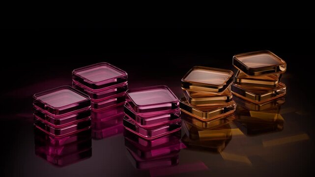 Seamless 4K 60fps loop of 3D magenta and amber glass square plates floating in rhythmic wave stacks on dark background for big data storage, server database, and fintech concepts.