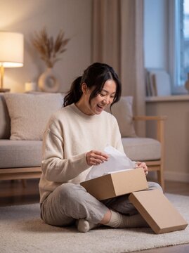 Happy young Asian woman sitting on living room floor and unpacking cardboard box with online shopping order at home