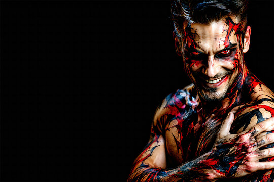 Dark fantasy portrait of a handsome grinning man with black and crimson body paint, eerie red eyes, styled hair and black copy space for Halloween, gothic horror, fashion and alternative art.