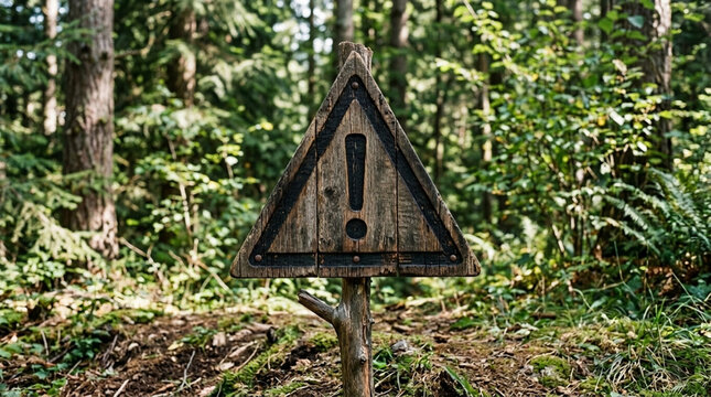 Wooden Warning Sign with Exclamation Mark in Lush Forest Danger Caution Alert Nature