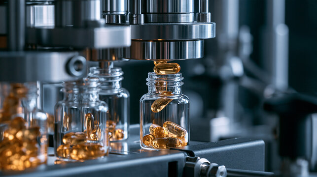 Industrial pill filling machine filling amber softgel capsules into glass bottles on a conveyor line. Perfect for pharmaceutical manufacturing and supplement production industry.
