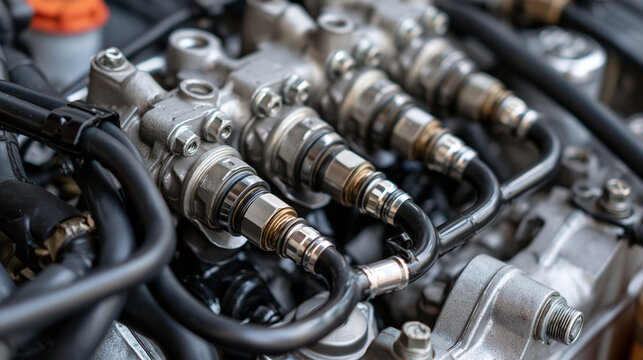 Close-up of a modern internal combustion engine fuel rail system. Ideal for automotive engineering tutorials and technical maintenance concepts.