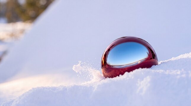 Shiny red Christmas ornament ball resting in fresh white snow with a splash of powder and clear blue sky reflection