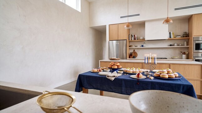 Festive Hanukkah table with lit menorah, sufganiyot jelly donuts, and dreidels in a modern minimalist kitchen with copy space on the textured wall