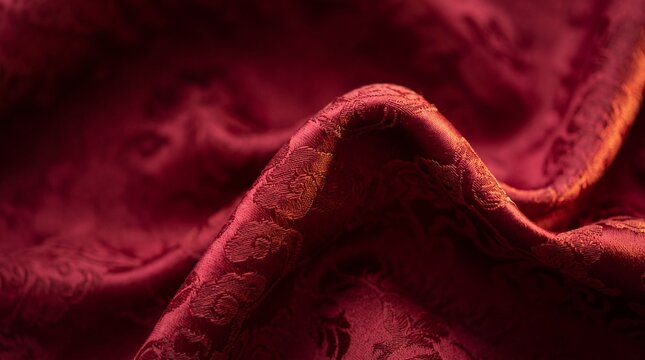 Close-up of luxurious crimson silk brocade fabric with traditional Chinese cloud patterns, featuring smooth waves, intricate woven textures, and warm golden highlights