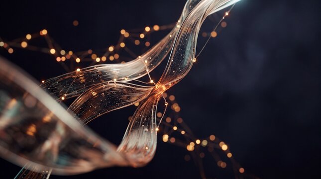 Abstract transparent flowing glass waves intertwined with glowing golden light nodes and network connections on a dark background