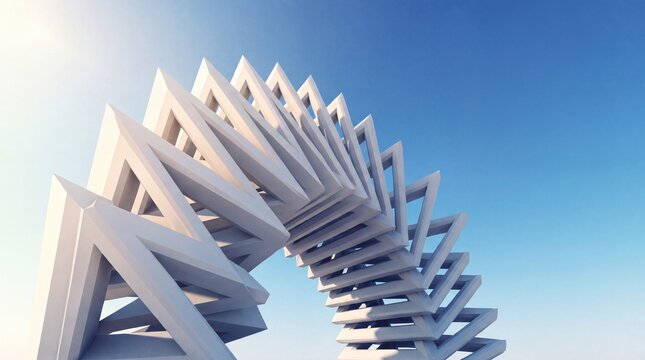 Abstract white triangular geometric arch structure forming repeating complex patterns in clear blue sky.