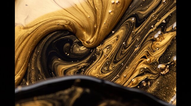 Abstract fluid art background featuring swirling gold and black liquid paint mixing together with metallic shimmer and small bubbles